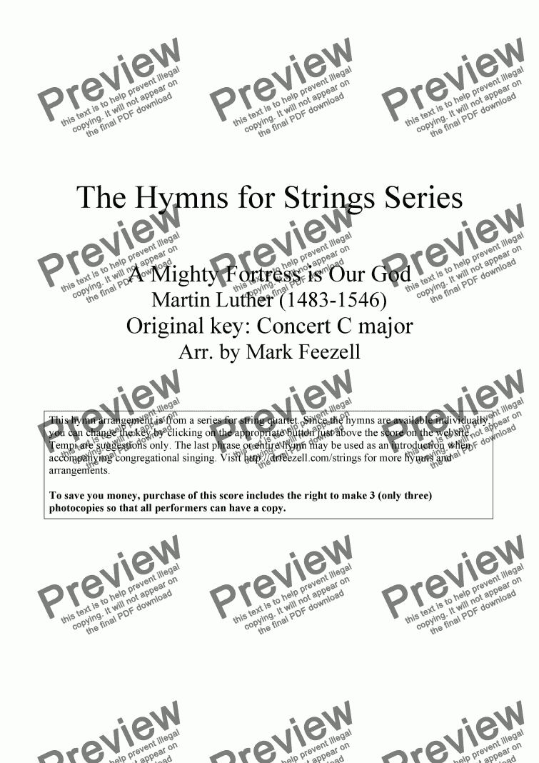 page one of Hymns for Strings: A Mighty Fortress is Our God (Ein feste Burg) by Martin Luther, arr. for String Quartet