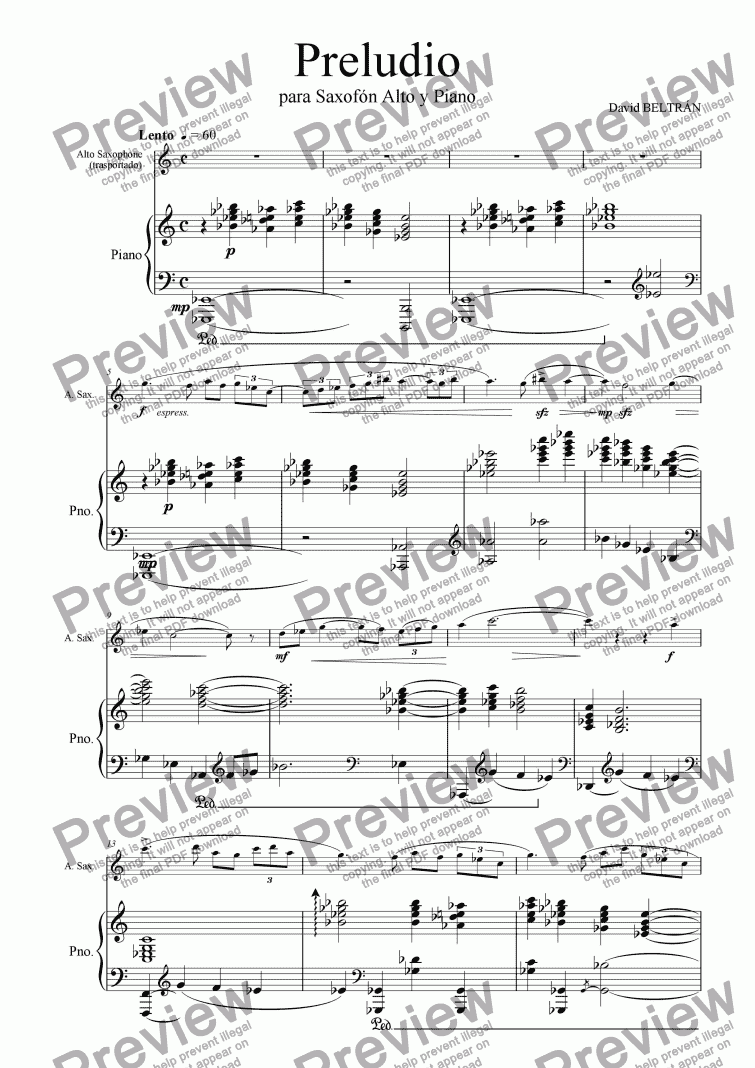 page one of Preludio para saxof�n alto y piano