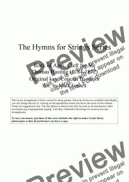 page one of Hymns for Strings: Rock of Ages by Thomas Hastings, arr. for String Quartet