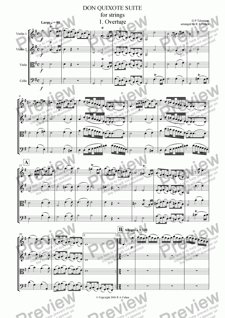 page one of Telemann - DON QUIXOTE SUITE - for string quartet/orchestra