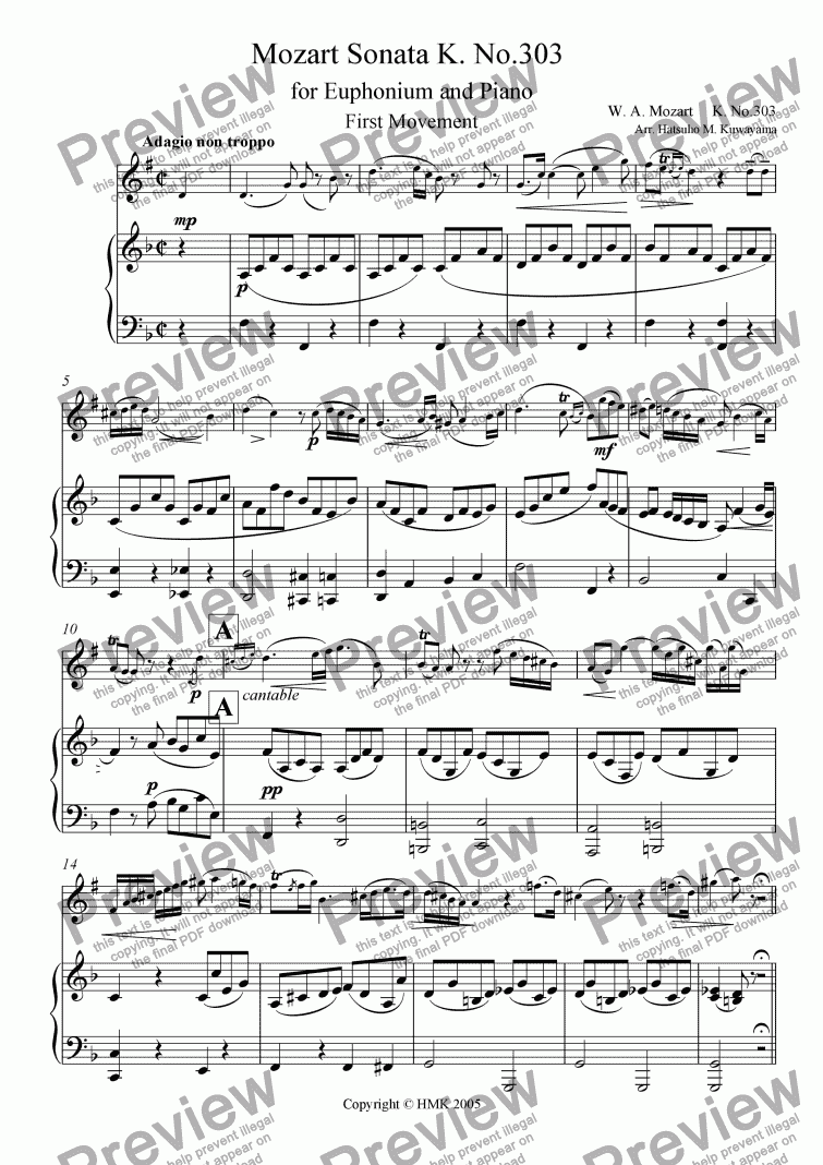 page one of Mozart Sonata K. 303 for Euphonium and Piano