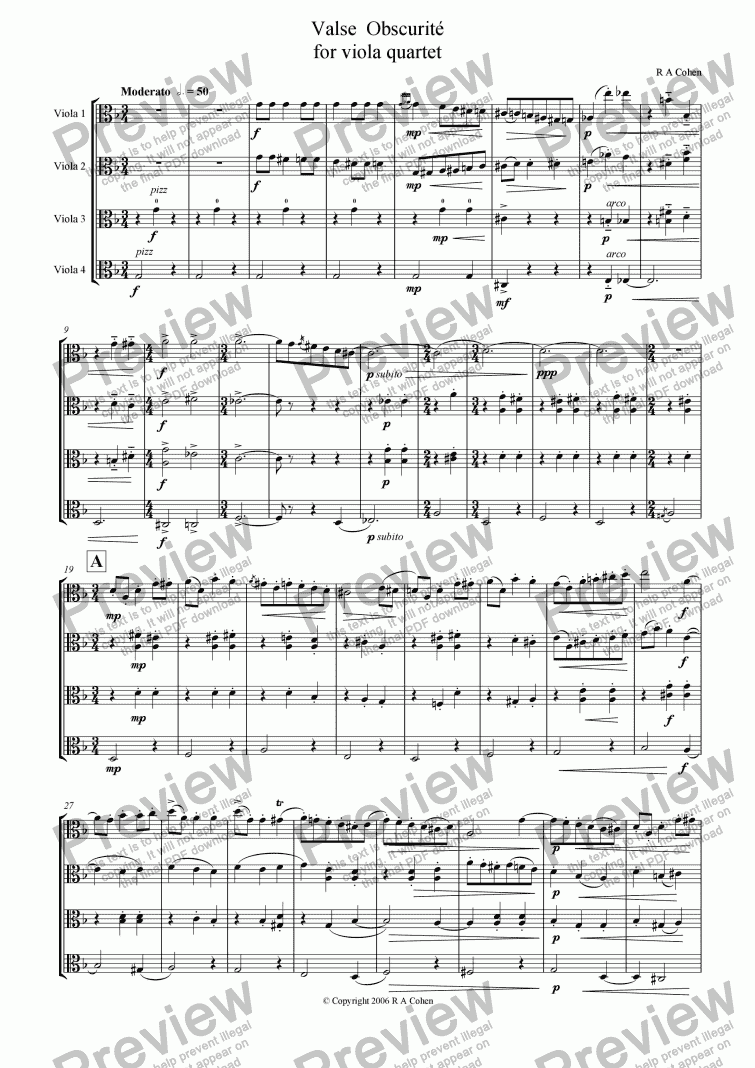 page one of VALSE OBSCURITÉ - for viola quartet