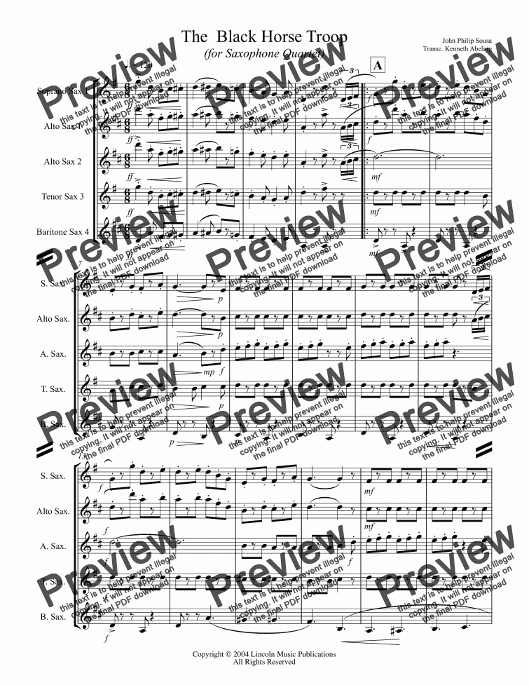 page one of March - Black Horse Troop (Sax Quartet SATB or AATB)
