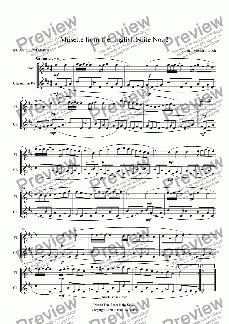 page one of Musette from the English Suite No. 2 for Clarinet and Flute by J.S. Bach