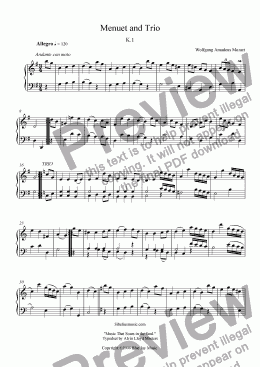 page one of Mozart , Minuet and Trio K.1