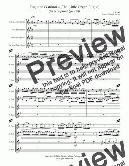 page one of Bach - Fugue in G minor - "The Little Organ Fugue" (Sax Quartet SATB)