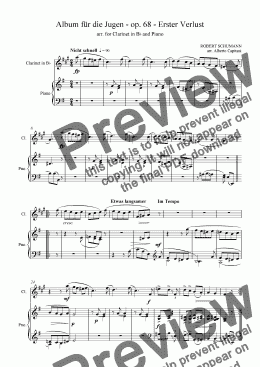 page one of Album für die Jugend - op. 68 - Erster Verlust - arr. for Clarinet in Bb and Piano