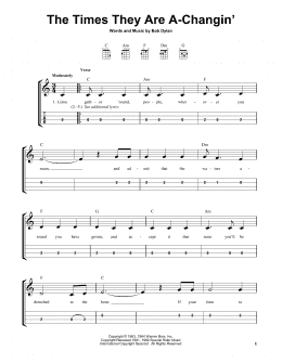 page one of The Times They Are A-Changin' (Easy Ukulele Tab)