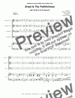 page one of Great Is Thy Faithfulness (with "His Eye Is On The Sparrow") (for Brass Quartet and Piano - Alternate Version)