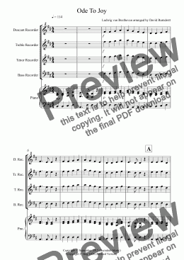 page one of Ode To Joy for Recorder and Piano
