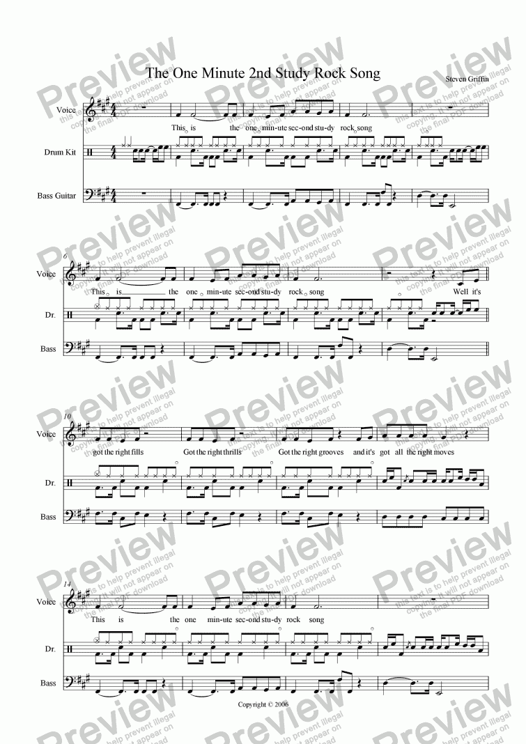 page one of The One Minute 2nd Study Rock Song (Drum Kit)