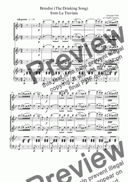page one of Brindisi (The Drinking Song) arranged for Flute, Oboe, 2 Violins and Piano