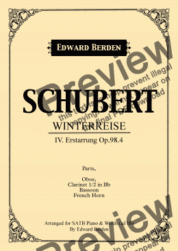 page one of Schubert, Gute Nacht from Winterreise. Arranged for SATB and Piano with Wind-Instruments ad lib. Set of Parts