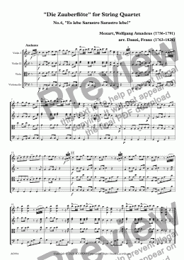 page one of "Die Zauberflöte" for String Quartet, No.4, "Es lebe Sarastro Sarastro lebe!"