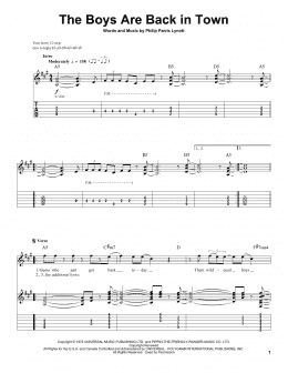 page one of The Boys Are Back In Town (Guitar Tab (Single Guitar))