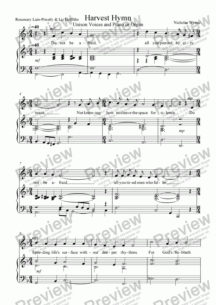 page one of HARVEST HYMN for unison voices and piano or organ