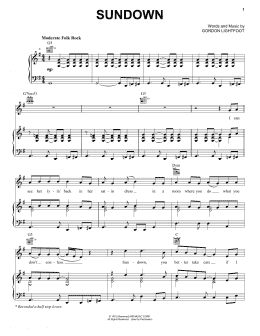 page one of Sundown (Piano, Vocal & Guitar Chords (Right-Hand Melody))