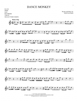 page one of Dance Monkey (Instrumental Solo – Treble Clef High Range)