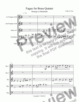 page one of Fugue for Brass Quintet  "Homage to Hindemith"