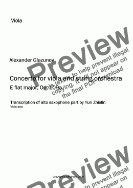 page one of Glazunov Concerto for alto saxophone arr. for viola and string orchestra E flat major, Op. 109a - Viola part