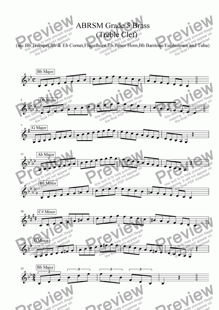 page one of Brass Treble Clef - Grade 5 Scales & Arpeggios( ABRSM format )