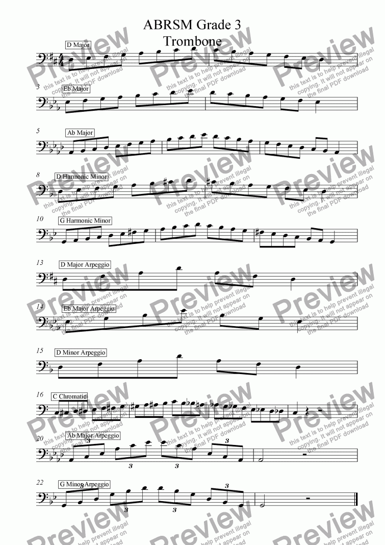 page one of Trombone - Grade 3 Scales & Arpeggios( ABRSM format )