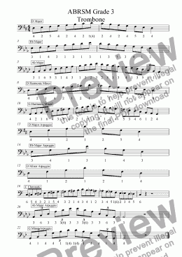 page one of Trombone - Grade 3 Scales & Arpeggios Bass Clef with slide positions( ABRSM format )
