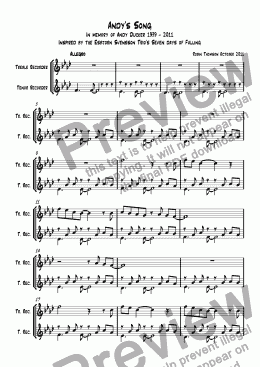 page one of Andy's Song for Treble and Tenor Recorder