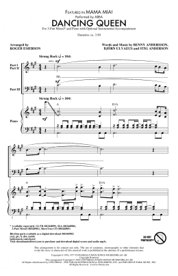 page one of Dancing Queen (from Mamma Mia!) (arr. Roger Emerson) (3-Part Mixed Choir)