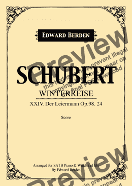 page one of Der Leiermann from Winterreise. Arranged for SATB and Piano with Wind-Instruments ad lib.- Full Score