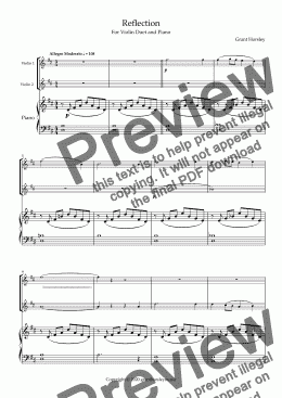 page one of "Reflection" For Violin Duet with Piano- early Intermediate