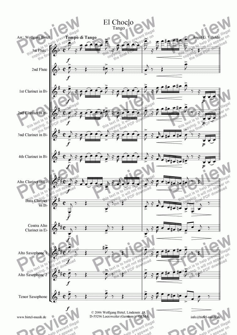 page one of El Choclo. Tango (Clarinet choir)