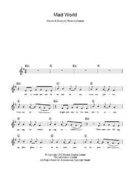page one of Mad World (Piano Chords/Lyrics)