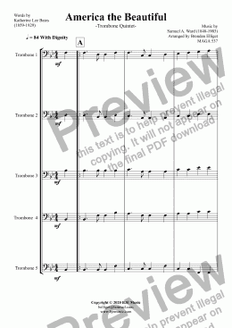 page one of America the Beautiful - Trombone Quintet