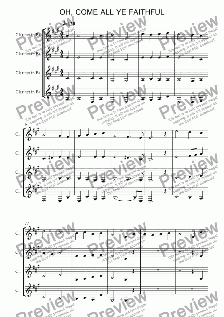 page one of Oh, Come All Ye Faithful (Clarinet Quartet)