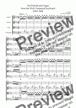 page one of Bach: well-tempered keyboard I - Prelude and fugue 3 BWV848 in C# for string quartet