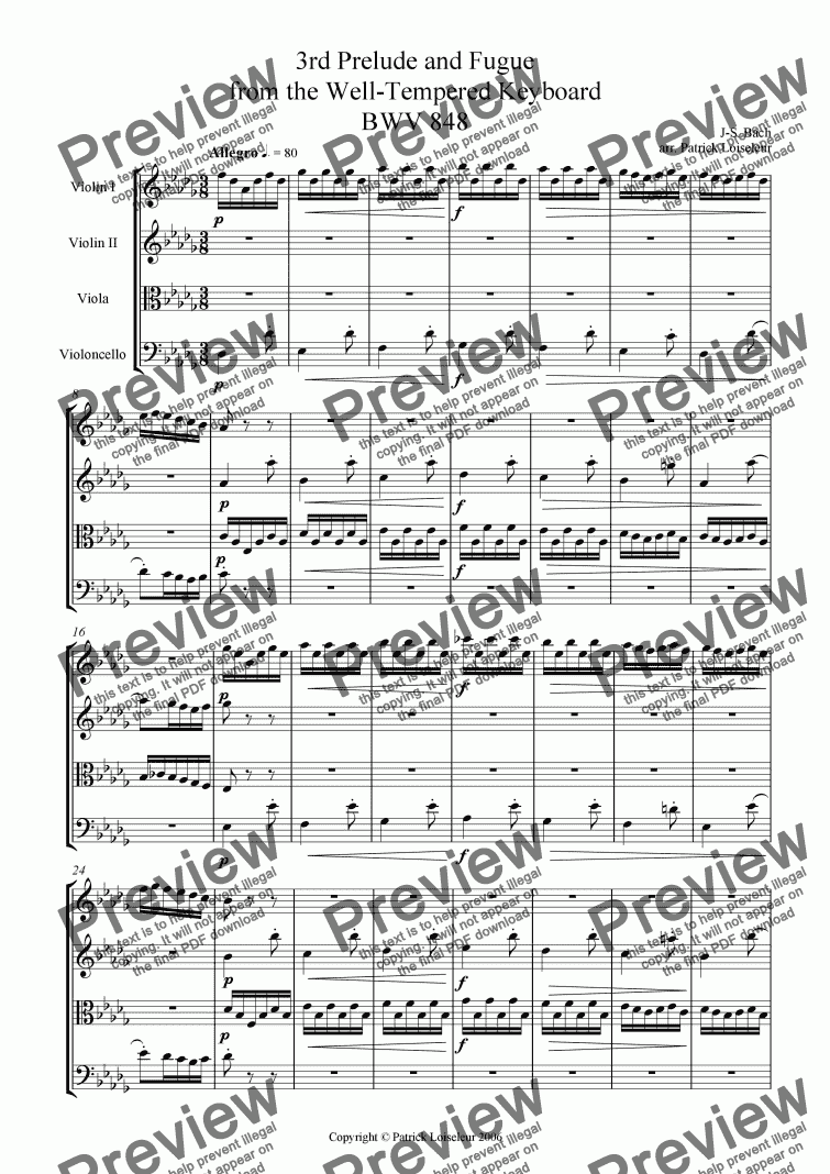 page one of Bach: well-tempered keyboard I - Prelude and fugue 3 BWV848 in C# for string quartet