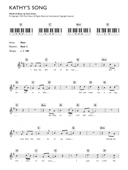 page one of Kathy's Song (Piano Chords/Lyrics)