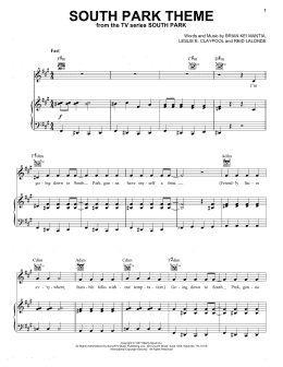 page one of South Park Theme (Piano, Vocal & Guitar Chords (Right-Hand Melody))