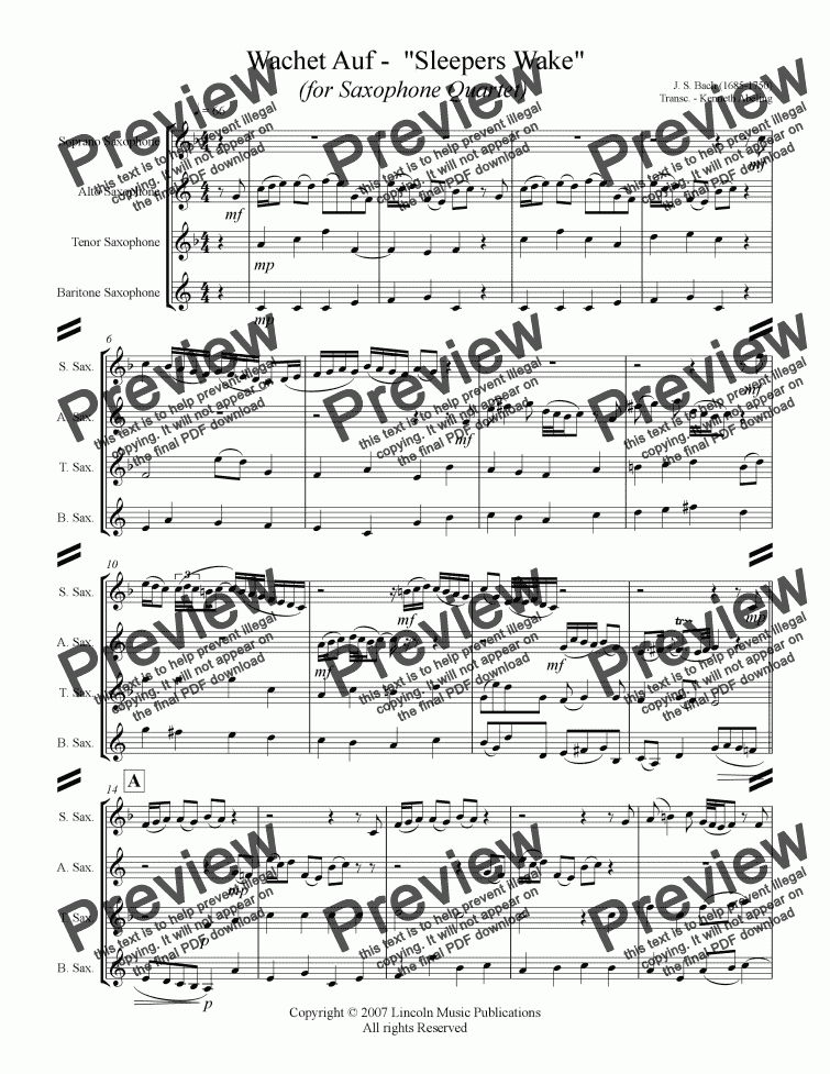 page one of Bach - Wachet Auf -  "Sleepers Wake" (Saxophone Quartet SATB)