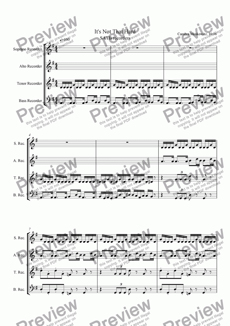 page one of It’s Not That Hard (SATB Recorders)
