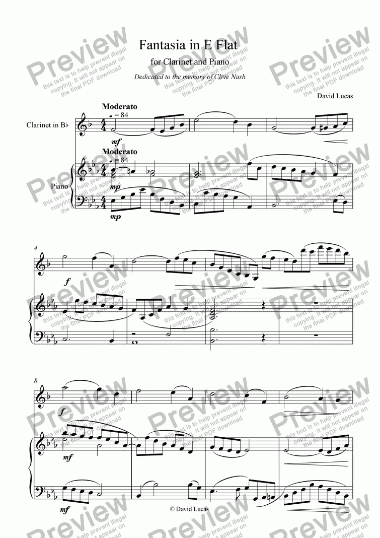 page one of Fantasia in E Flat for Clarinet and Piano
