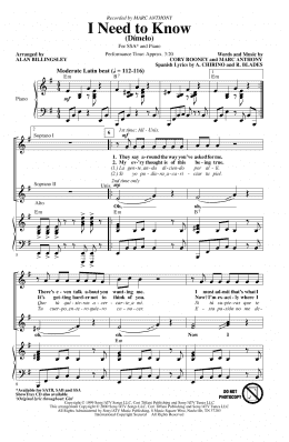 page one of I Need To Know (Dimelo) (arr. Alan Billingsley) (SSA Choir)
