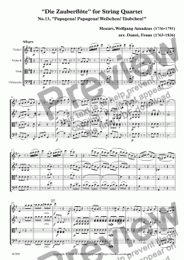 page one of "Die Zauberflöte" for String Quartet, No.13, "Papagena! Papagena! Weibchen! Täubchen!”