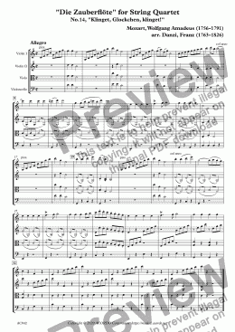 page one of "Die Zauberflöte" for String Quartet, No.14, "Klinget, Glockchen, klinget!"