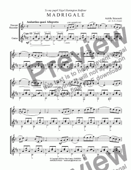page one of Madrigale for descant recorder and guitar (Capo III)