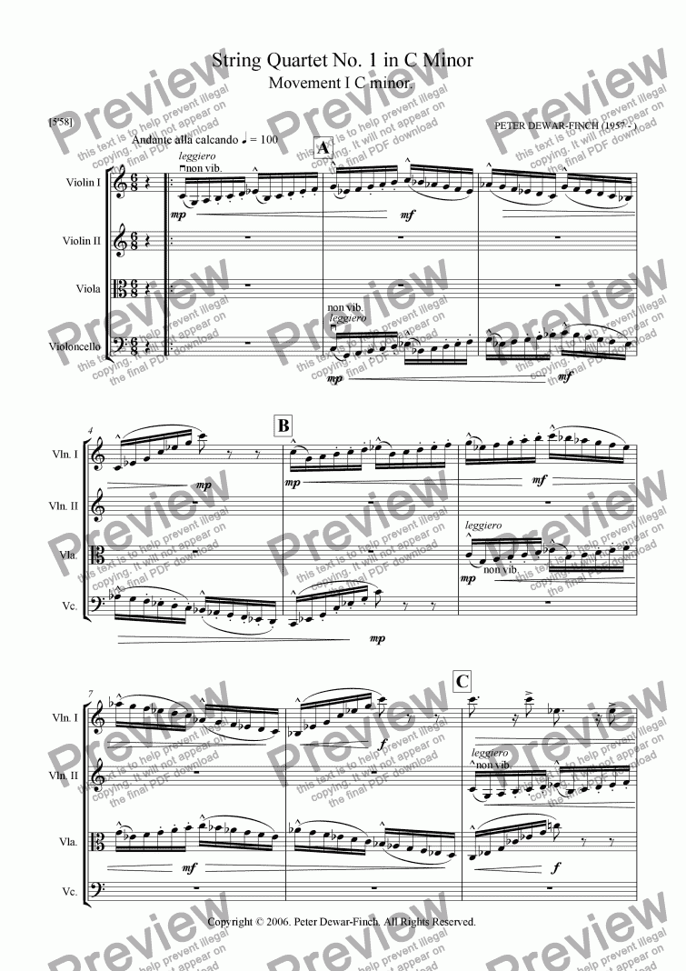 page one of String Quartet No. 1 in C Minor - Movement One