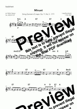 page one of Boccherini - Minuet of String Quintet in E major -Menuet du quintet a cordes - 弦楽五重奏曲G275  メヌエット ボッケリーニ - PDF - lead sheet Melody + chords