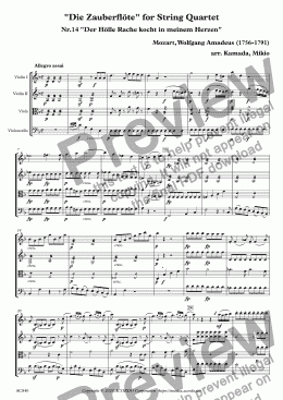 page one of "Die Zauberflöte" for String Quartet, Nr.14 "Der Hölle Rache kocht in meinem Herzen"