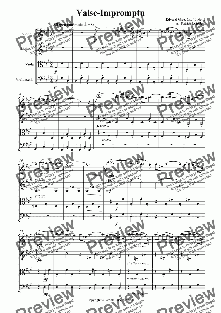 page one of Grieg: Valse-Impromptu for string quartet